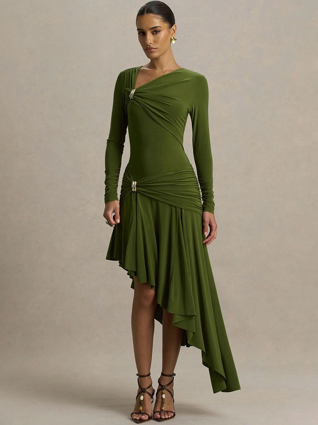 Olive Green Midi Dress with Long Sleeves