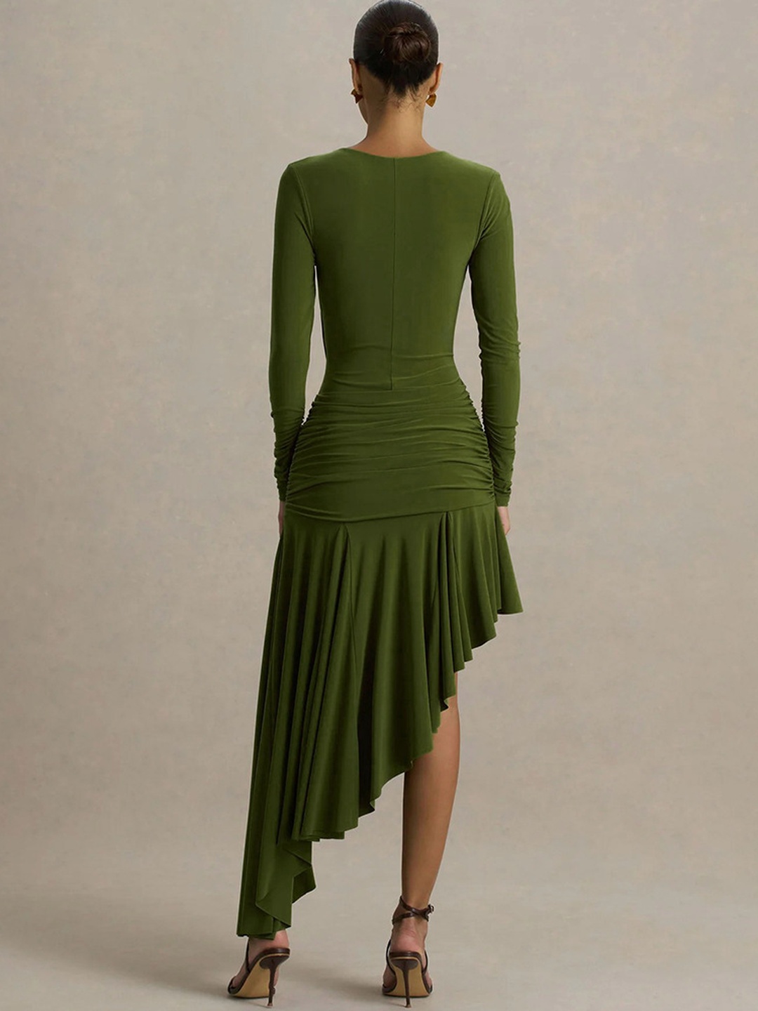 Olive Green Midi Dress with Long Sleeves