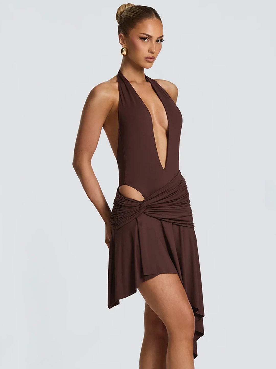 Brown Halter Neck Mini Dress with Twisted Waist Detail