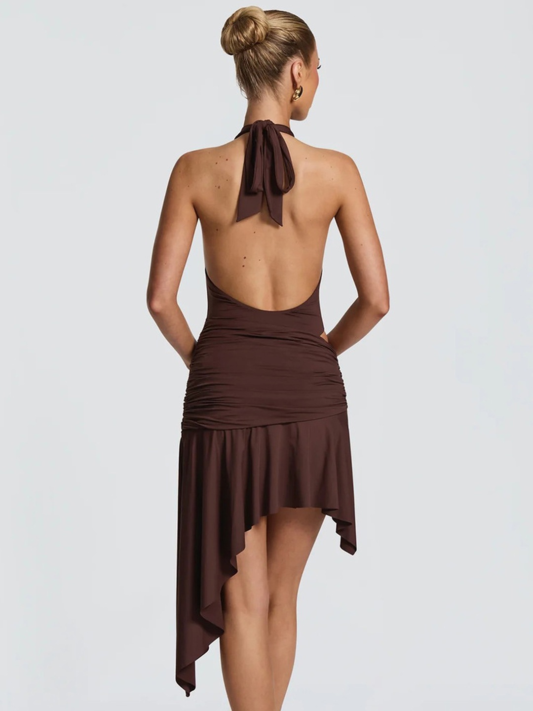 Brown Halter Neck Mini Dress with Twisted Waist Detail