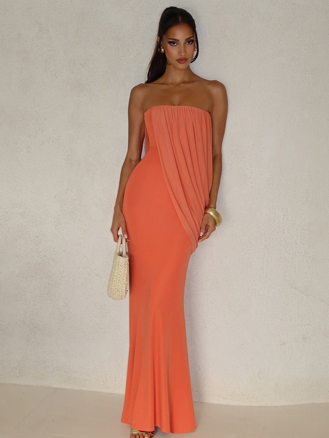 Orange Strapless Mermaid Maxi Dress