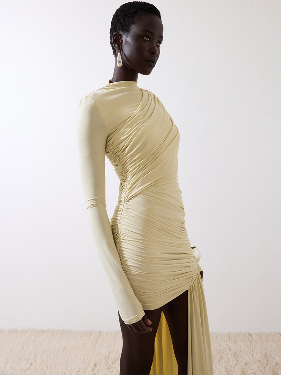 Cream Long Sleeve Ruched Bodycon Mini Dress