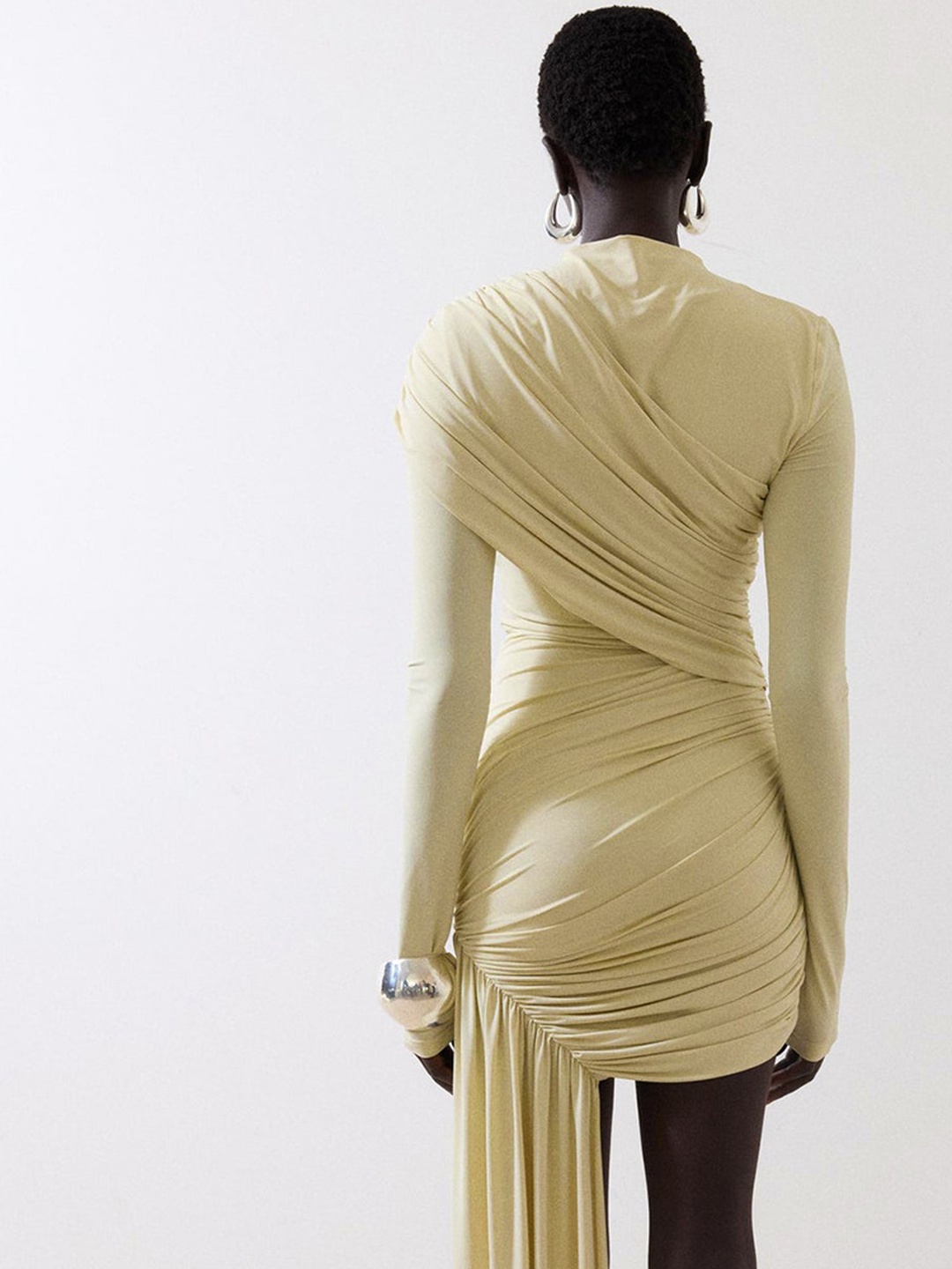 Cream Long Sleeve Ruched Bodycon Mini Dress