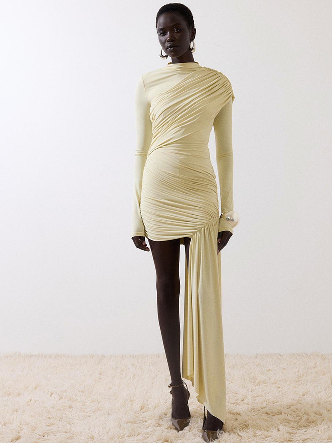 Cream Long Sleeve Ruched Bodycon Mini Dress
