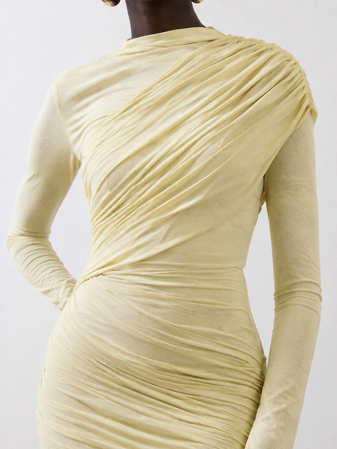 Cream Long Sleeve Ruched Bodycon Mini Dress