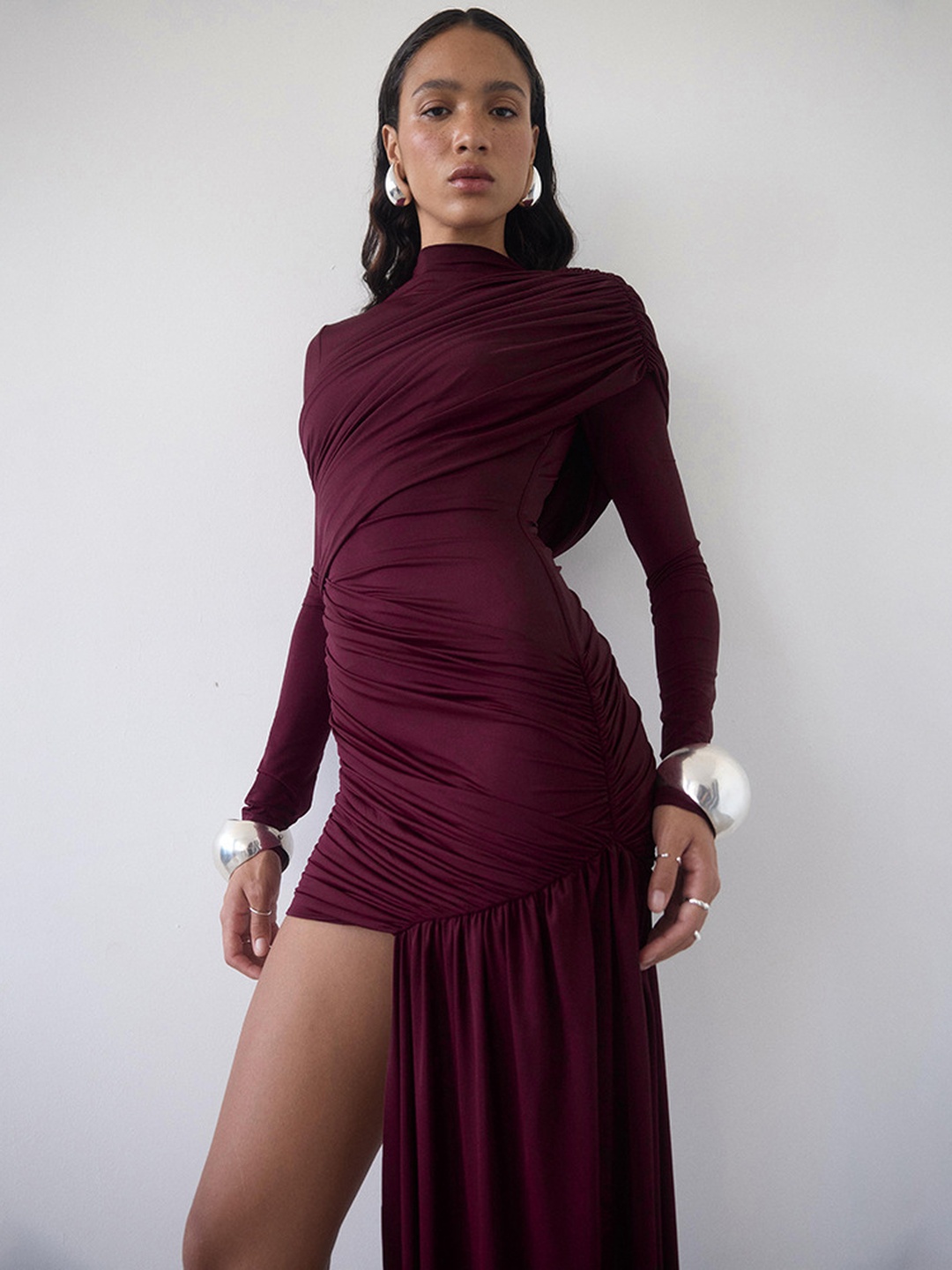 Burgundy Ruched Bodycon Mini Dress with Long Sleeves