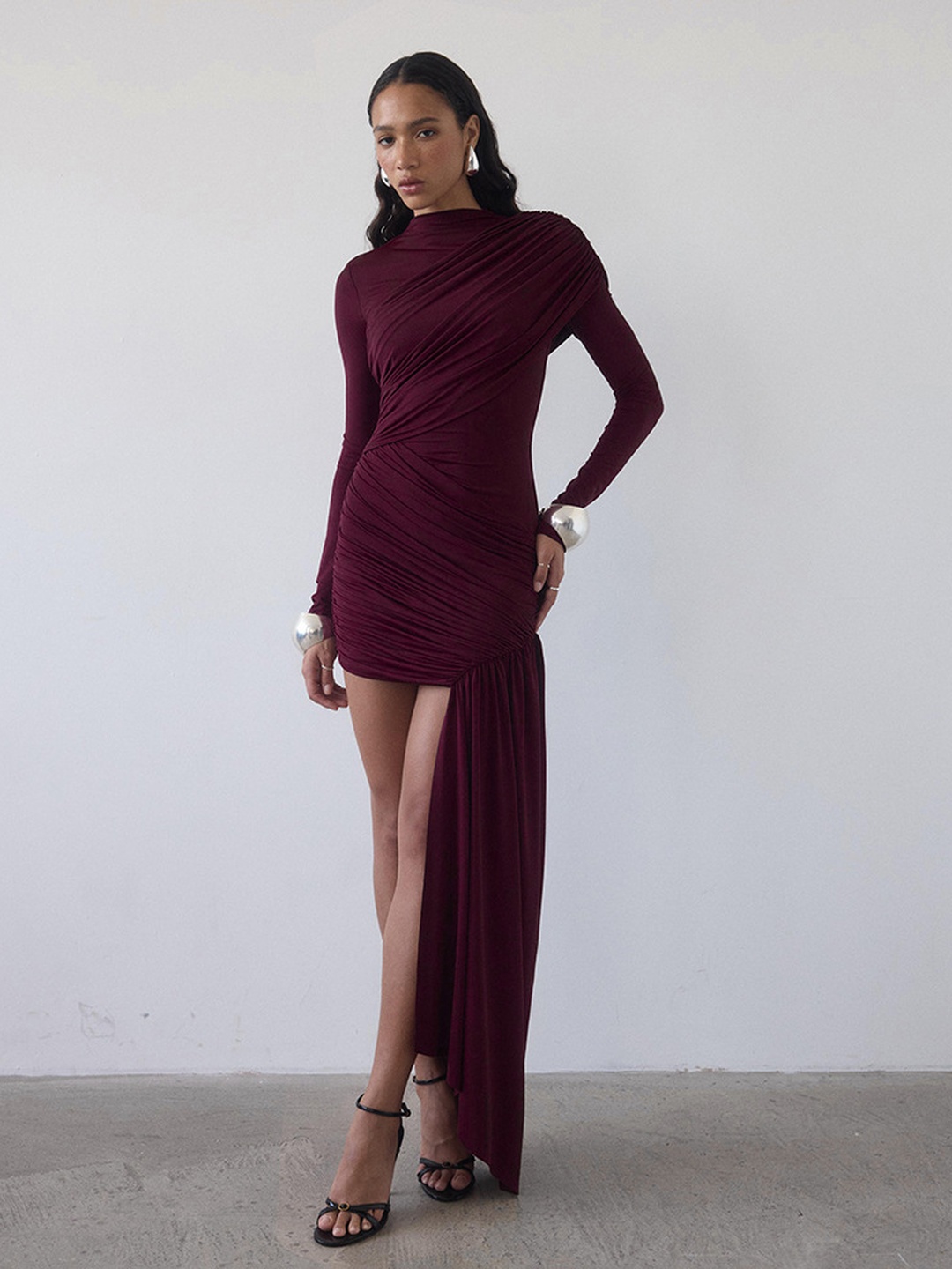 Burgundy Ruched Bodycon Mini Dress with Long Sleeves