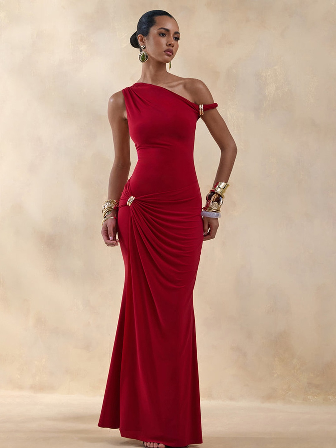 Red Bodycon Maxi Dress - Sleeveless One-Shoulder Design