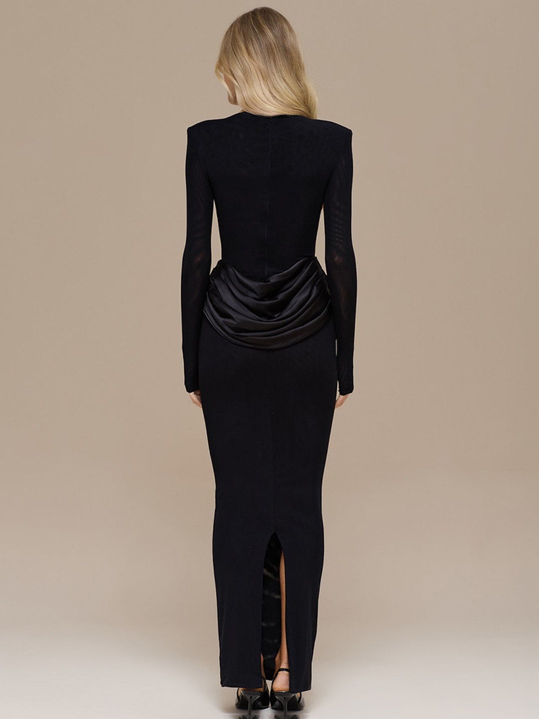 Black Bodycon Maxi Dress with Draped Waist and Long Sleeves