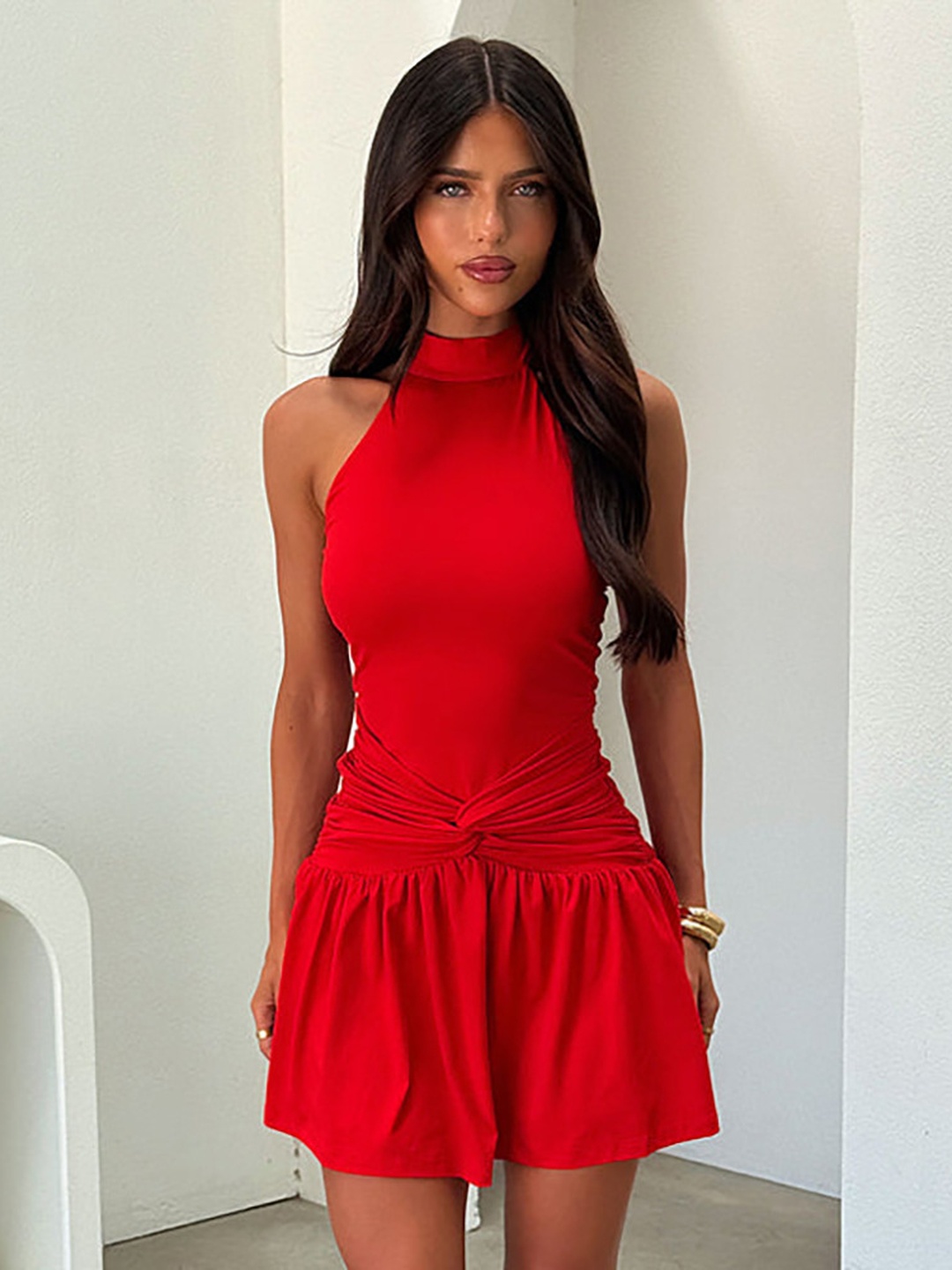 Red Halter Neck Ruched Fit and Flare Mini Dress