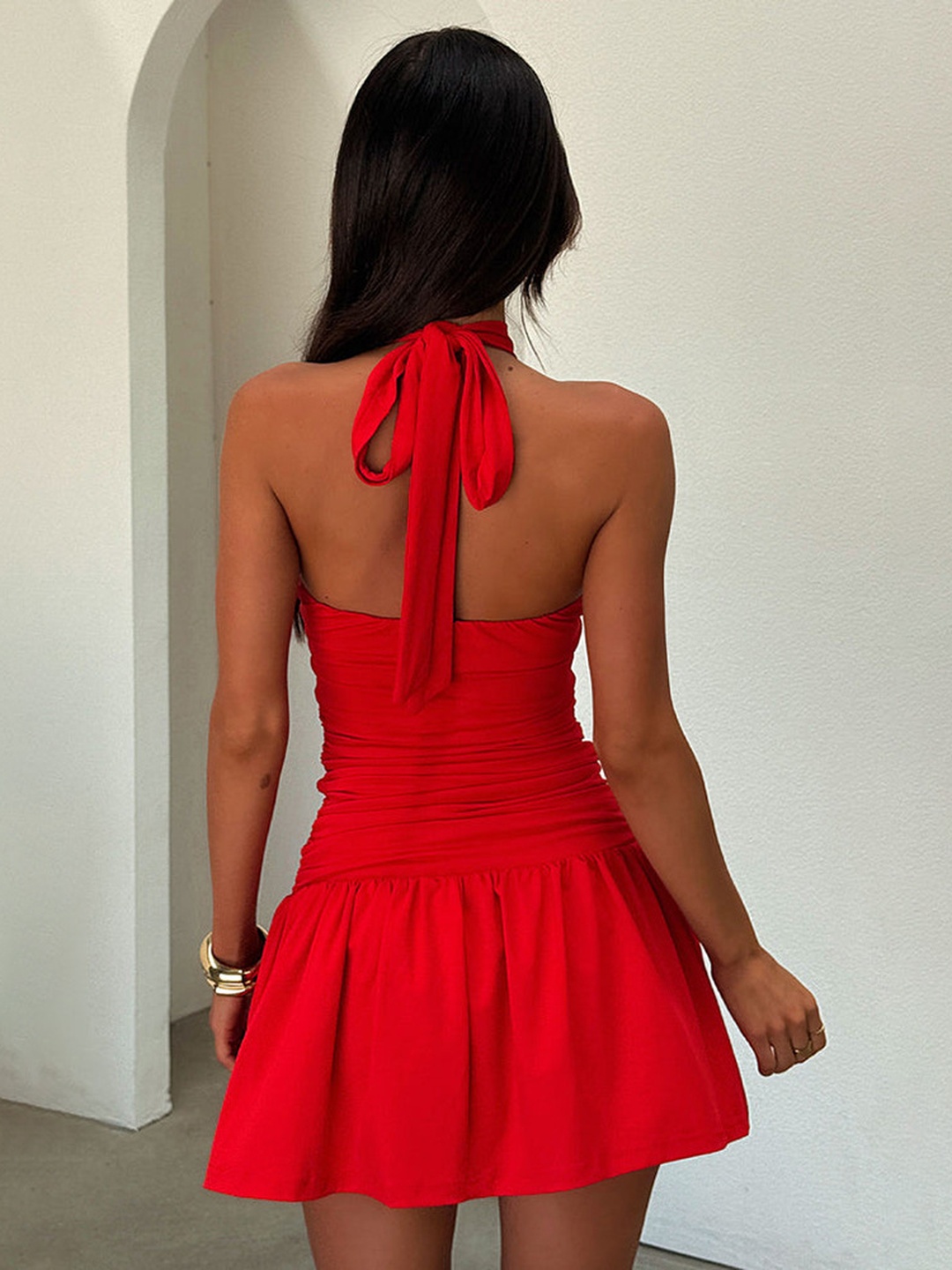Red Halter Neck Ruched Fit and Flare Mini Dress