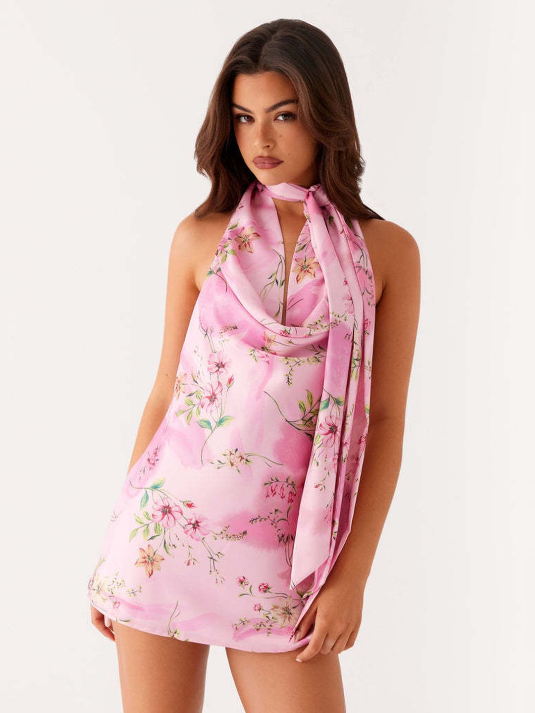 Pink Floral Halter Mini Dress Shift Style