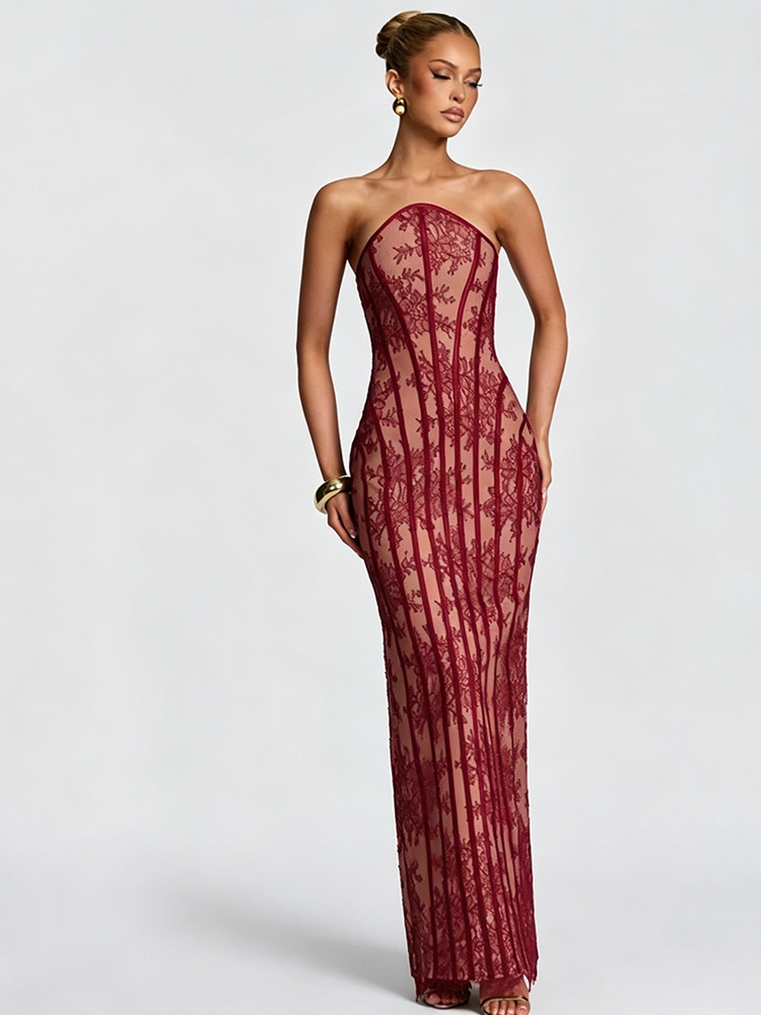 Burgundy Lace Bodycon Maxi Dress