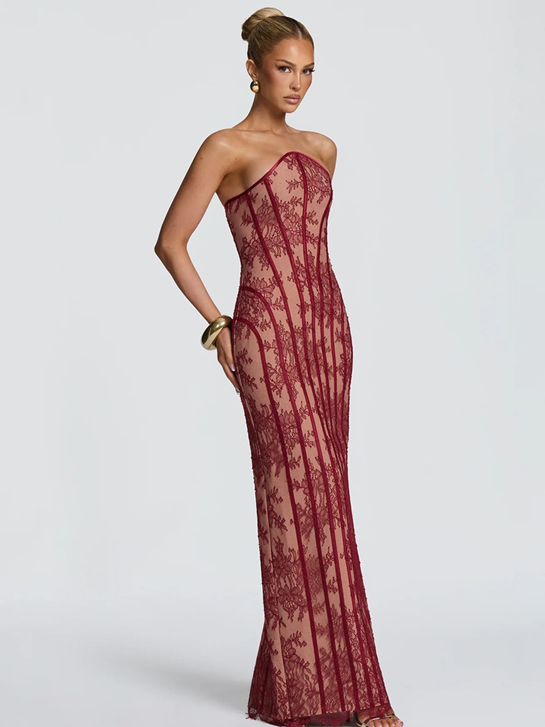 Burgundy Lace Bodycon Maxi Dress