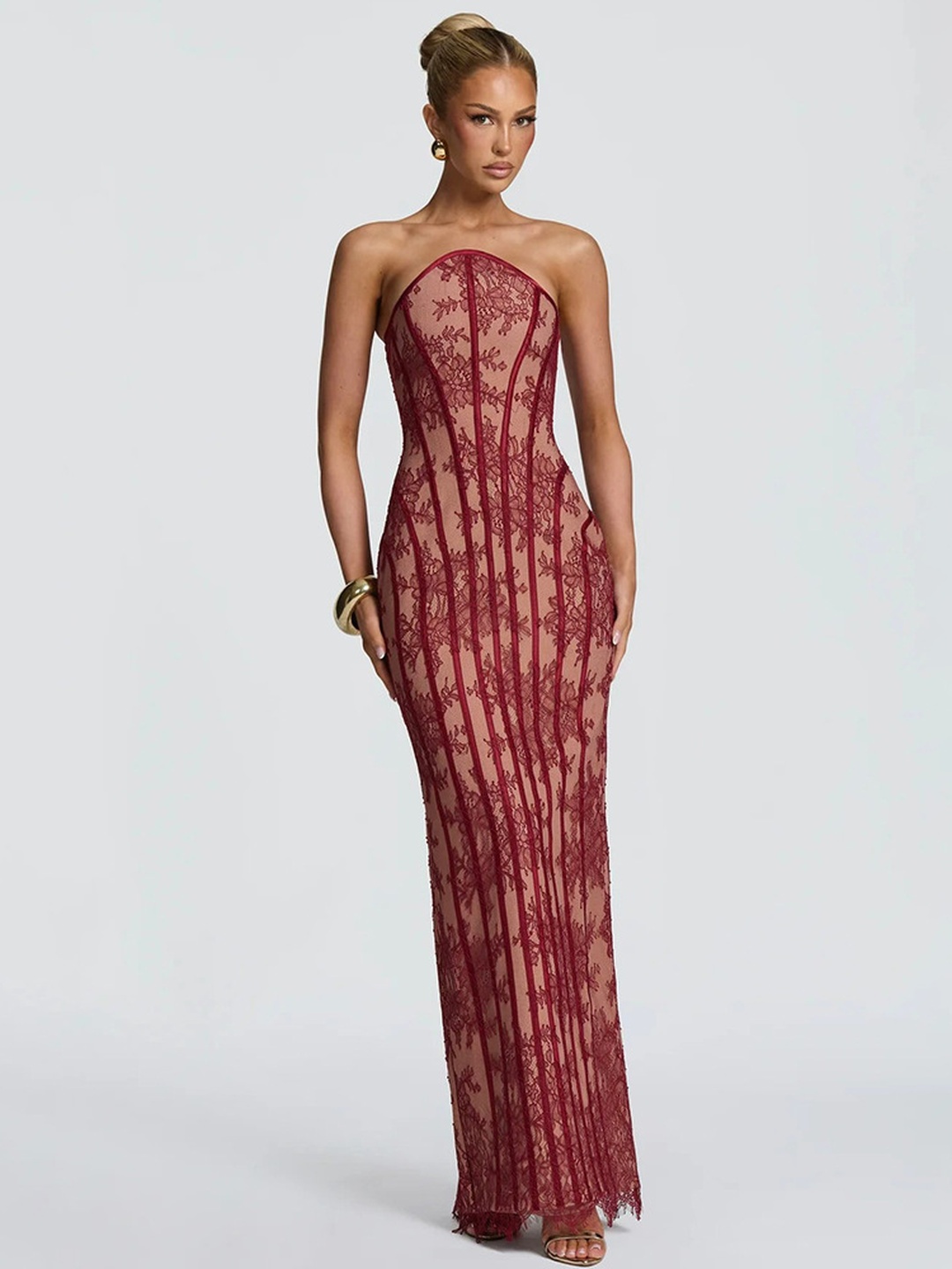 Burgundy Lace Bodycon Maxi Dress