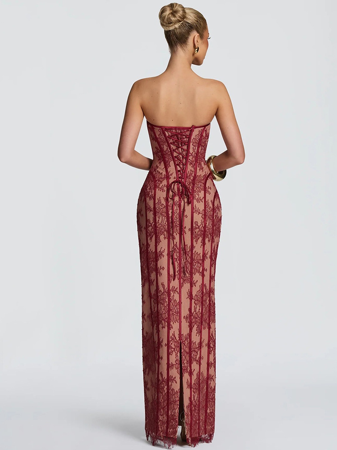 Burgundy Lace Bodycon Maxi Dress