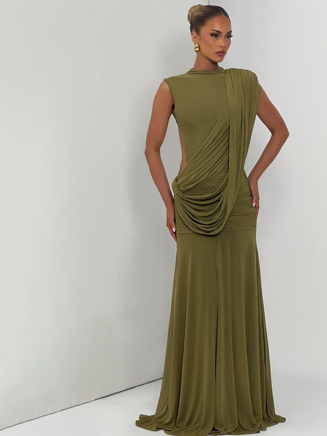 Olive Draped Mermaid Hem Maxi Dress