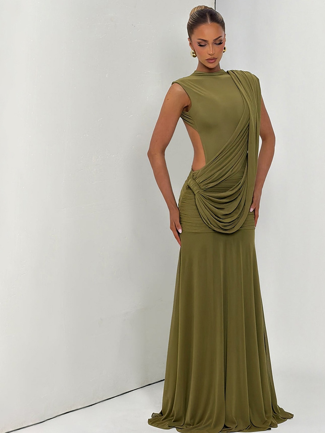 Olive Draped Mermaid Hem Maxi Dress