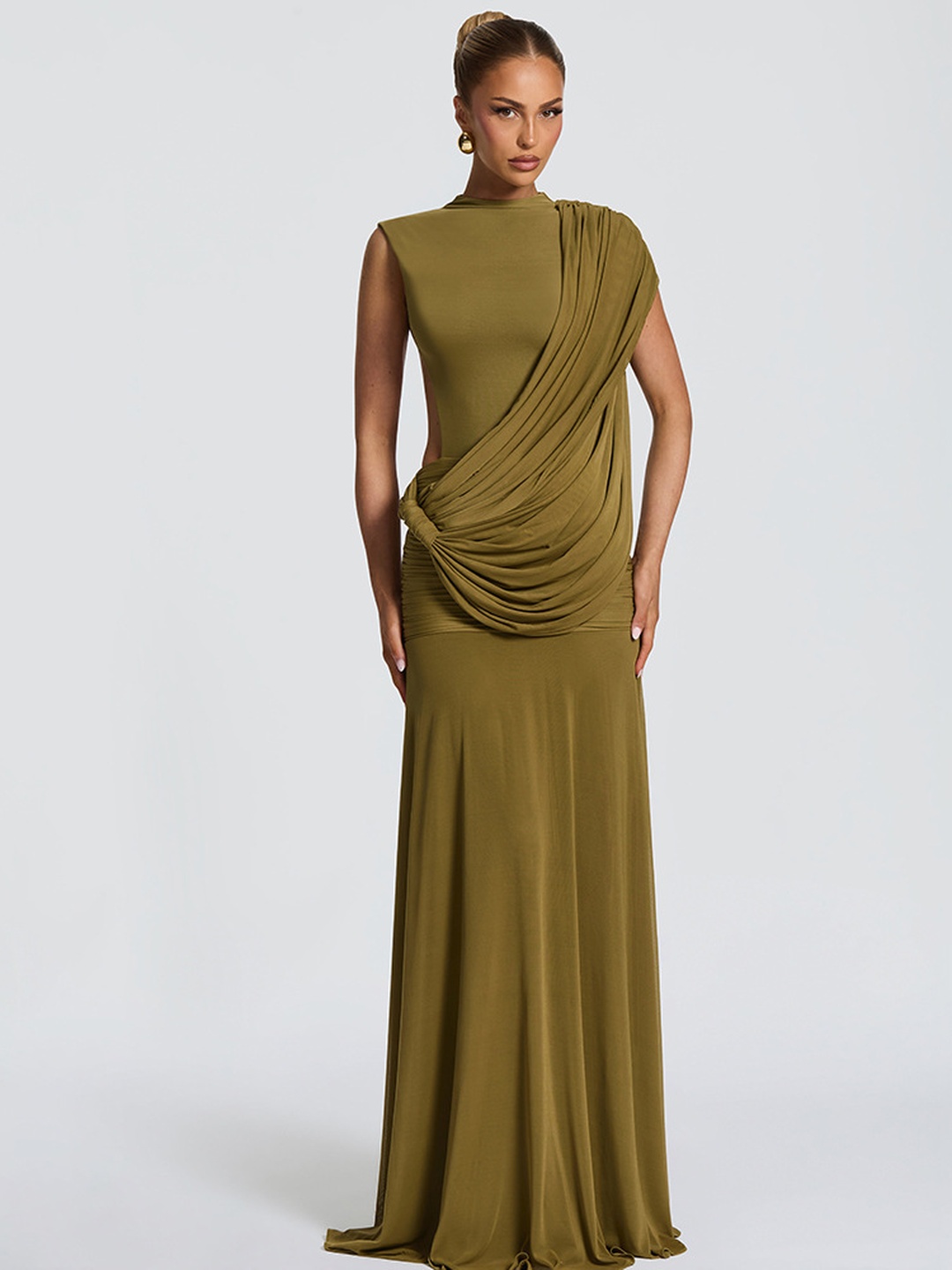 Olive Draped Mermaid Hem Maxi Dress