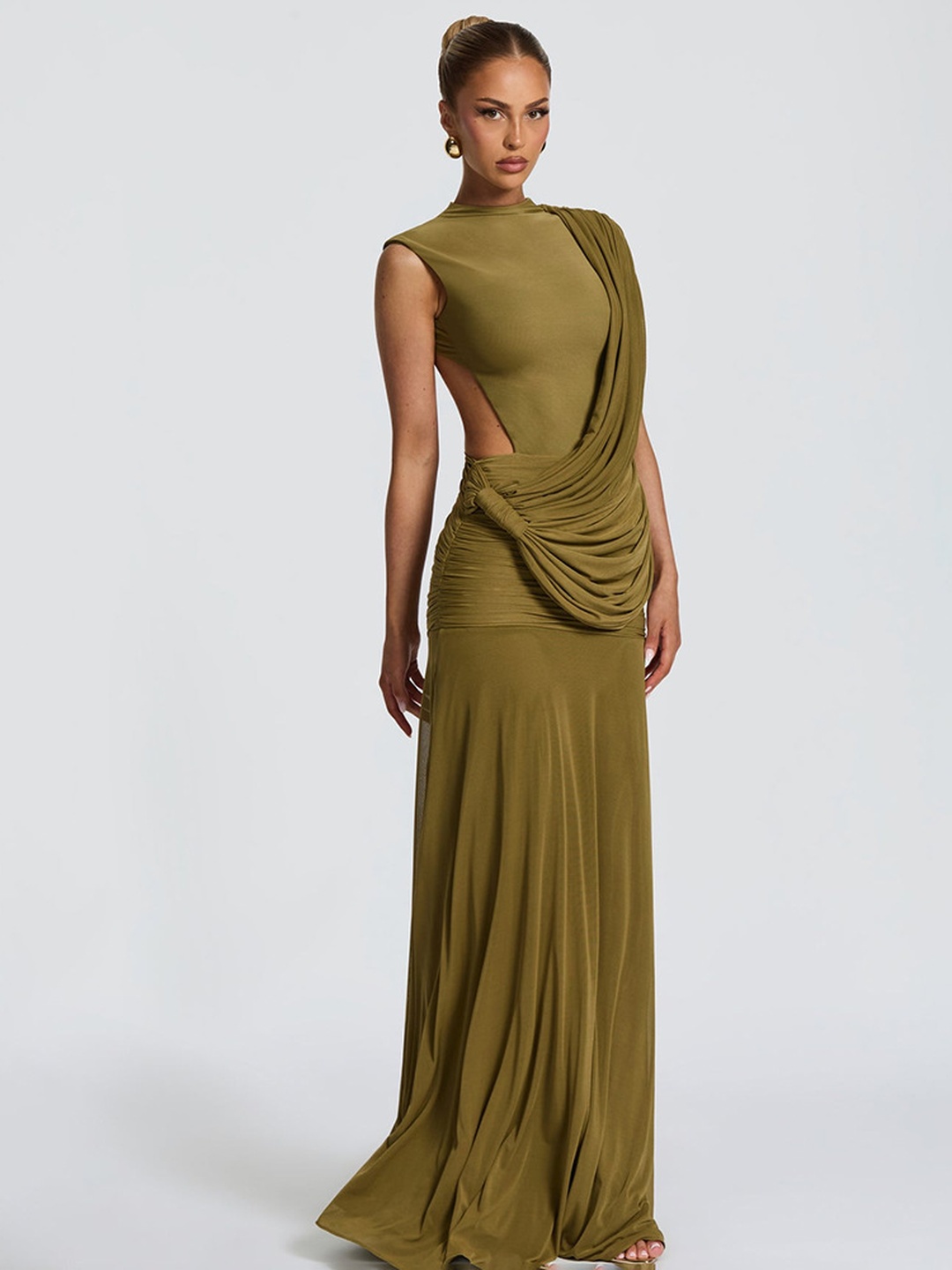 Olive Draped Mermaid Hem Maxi Dress