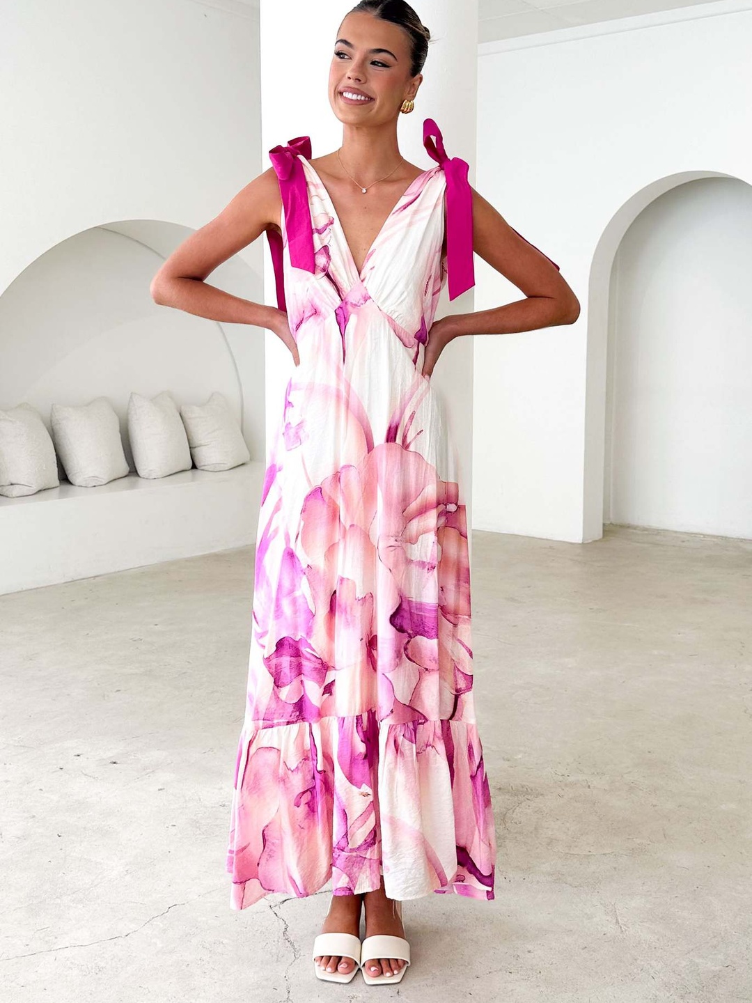 Pink Floral A-Line Maxi Dress with Tie-Shoulders