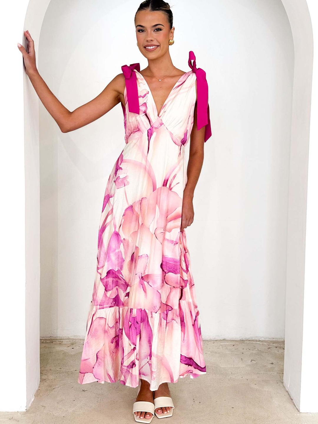 Pink Floral A-Line Maxi Dress with Tie-Shoulders