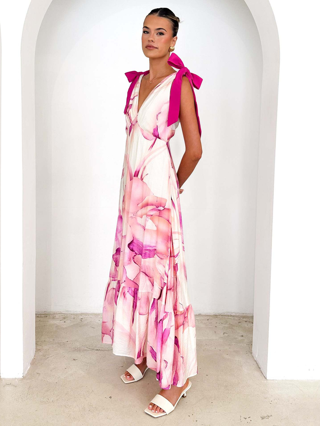 Pink Floral A-Line Maxi Dress with Tie-Shoulders
