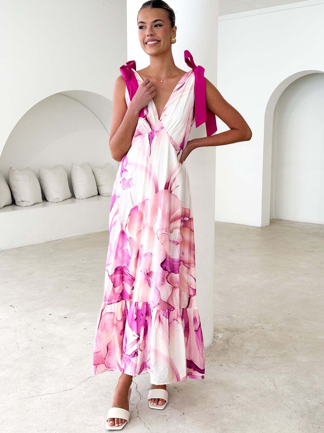 Pink Floral A-Line Maxi Dress with Tie-Shoulders