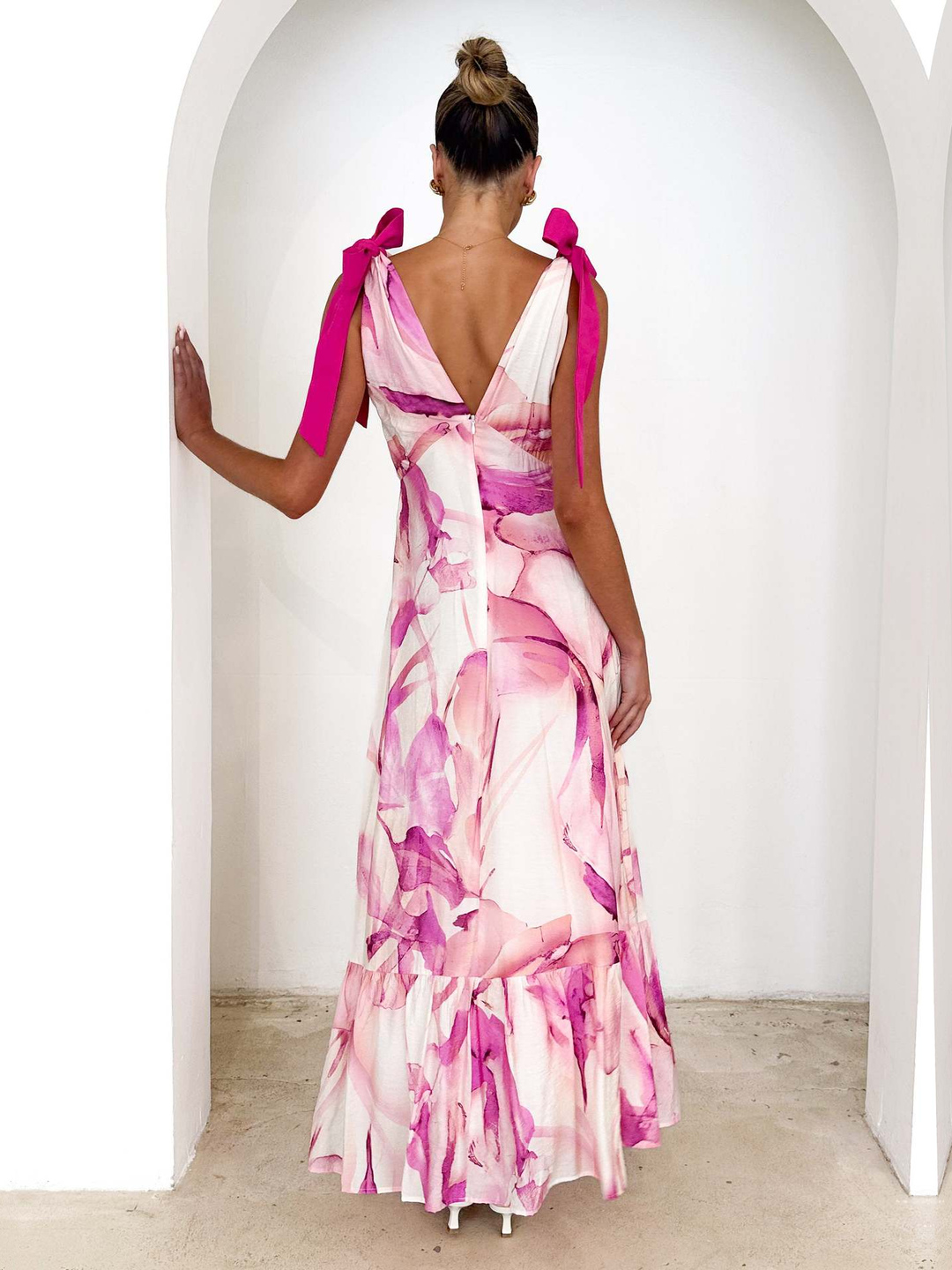 Pink Floral A-Line Maxi Dress with Tie-Shoulders