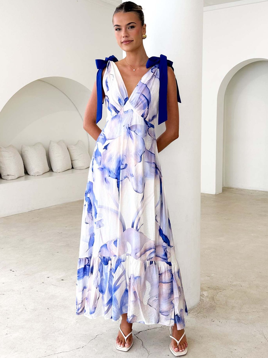 Multi Floral Maxi Dress with Tie-Shoulder Straps