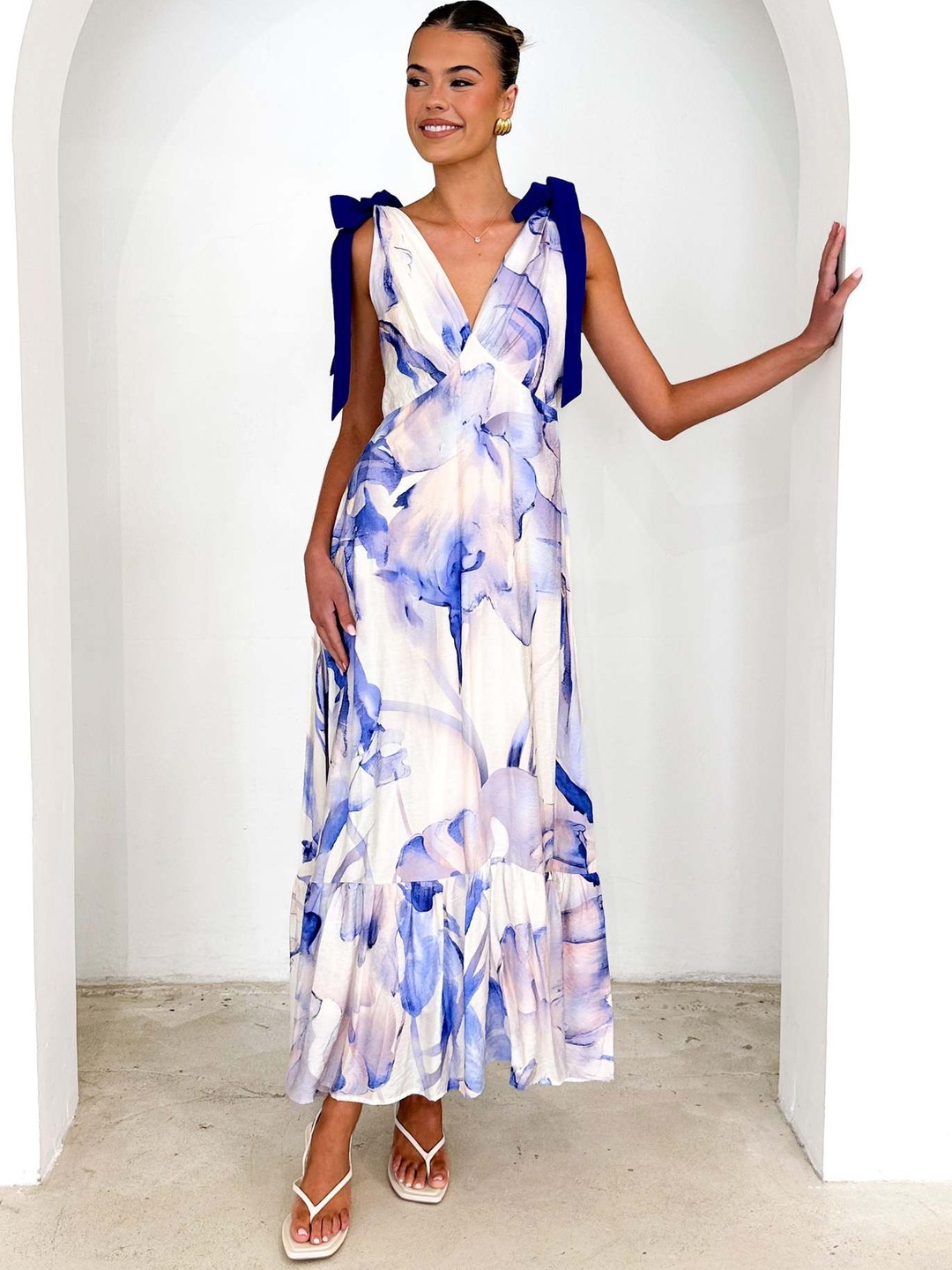 Multi Floral Maxi Dress with Tie-Shoulder Straps