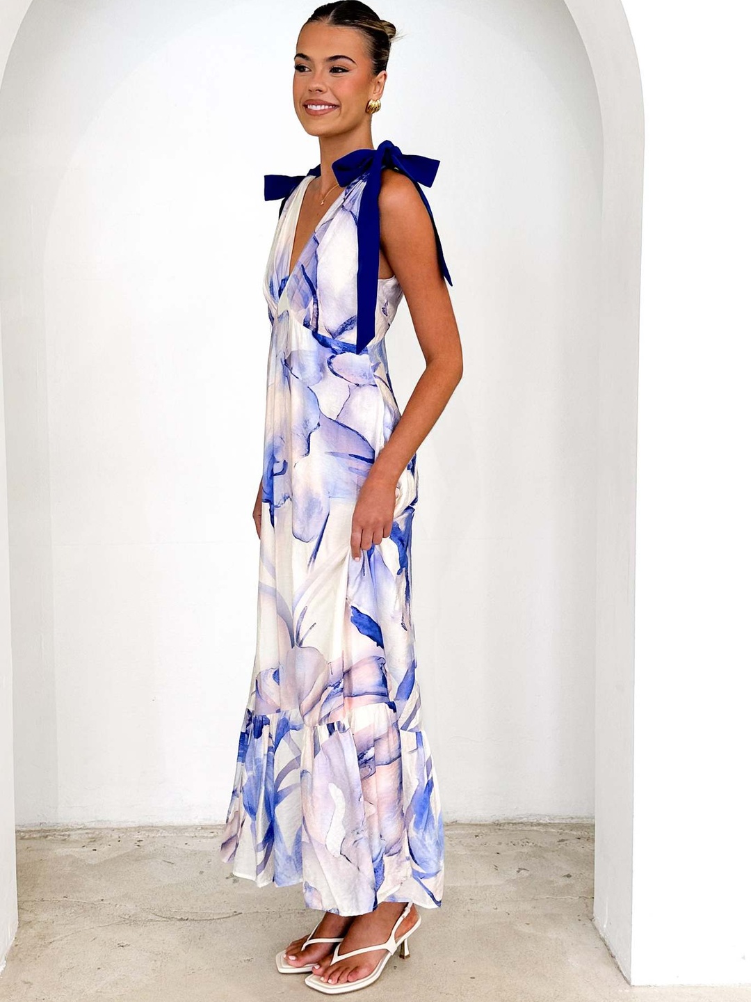Multi Floral Maxi Dress with Tie-Shoulder Straps