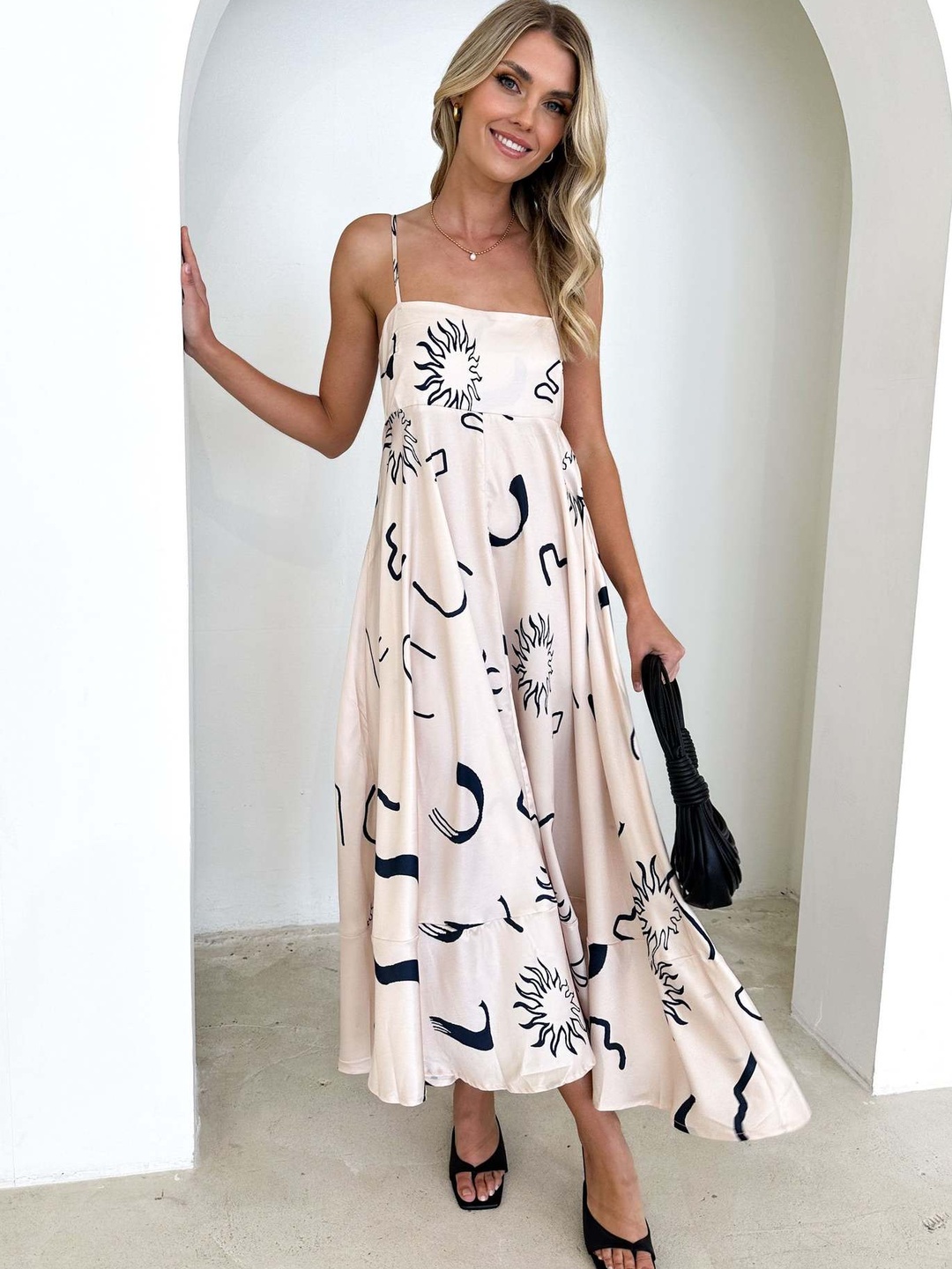 A-Line Abstract Print Maxi Dress in White