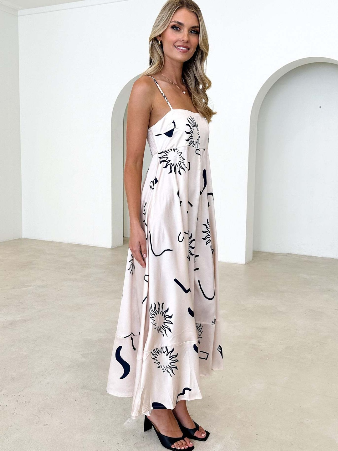A-Line Abstract Print Maxi Dress in White