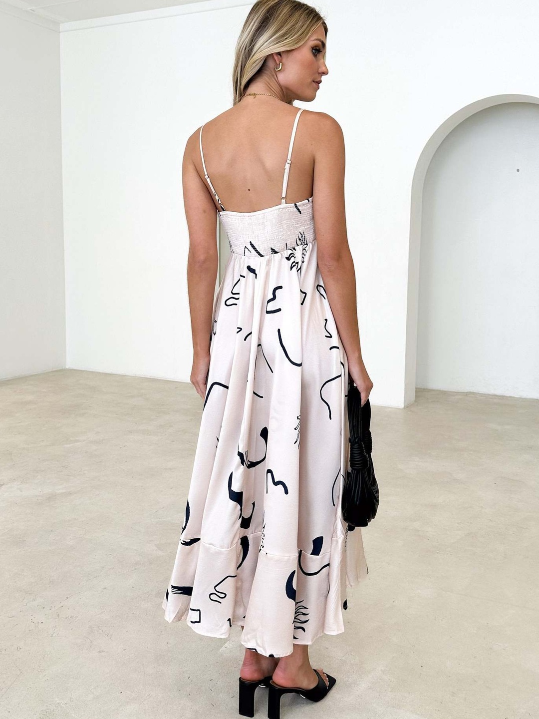 A-Line Abstract Print Maxi Dress in White