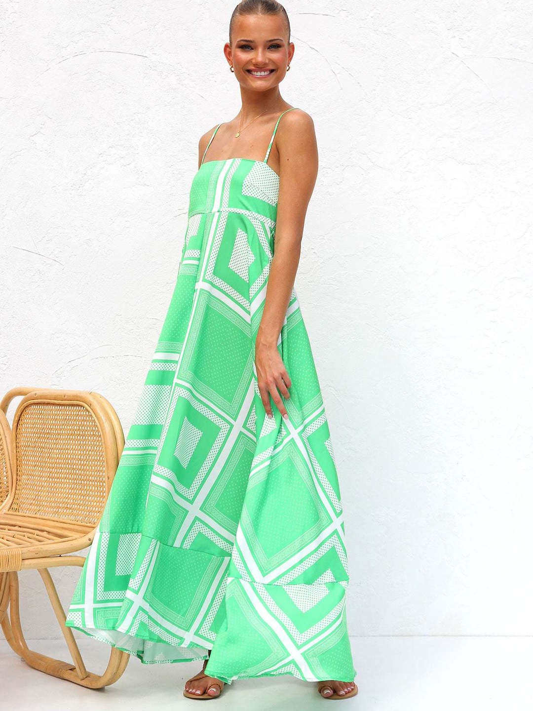 Green Scarf Print A-Line Maxi Dress