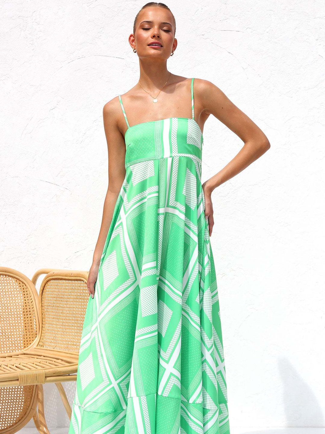 Green Scarf Print A-Line Maxi Dress