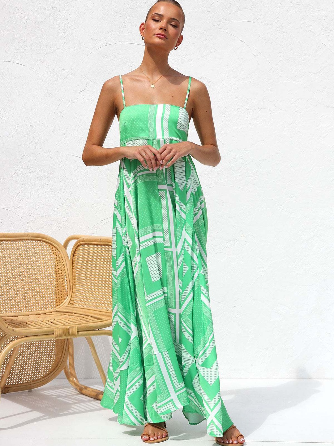 Green Scarf Print A-Line Maxi Dress