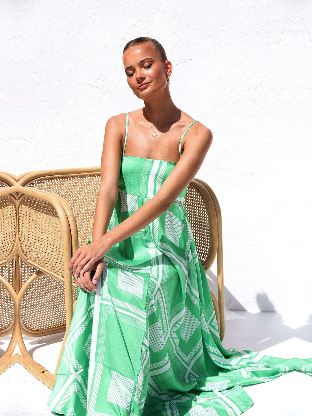 Green Scarf Print A-Line Maxi Dress