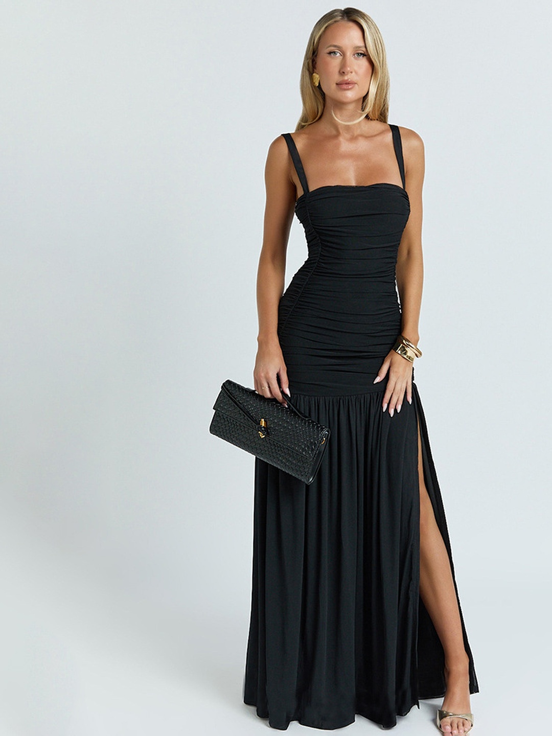 Black Strappy Bodycon Maxi Dress with Slit