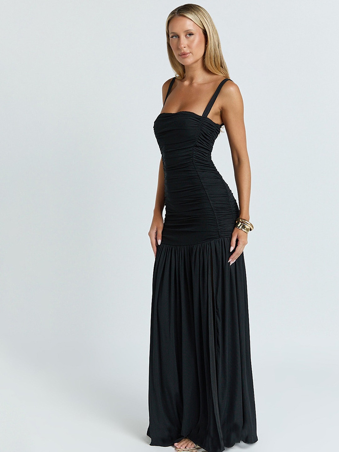 Black Strappy Bodycon Maxi Dress with Slit