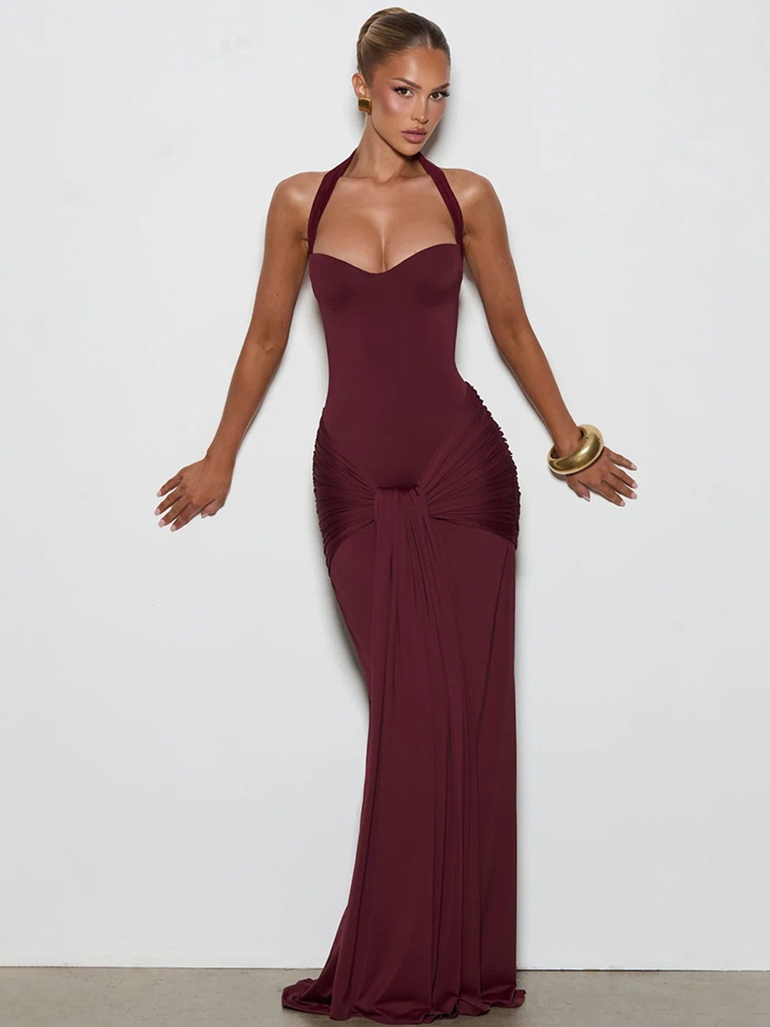 Plain Red Bodycon Maxi Dress - Sleeveless Halter Neck