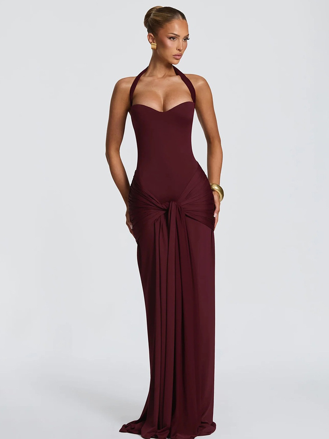 Plain Red Bodycon Maxi Dress - Sleeveless Halter Neck