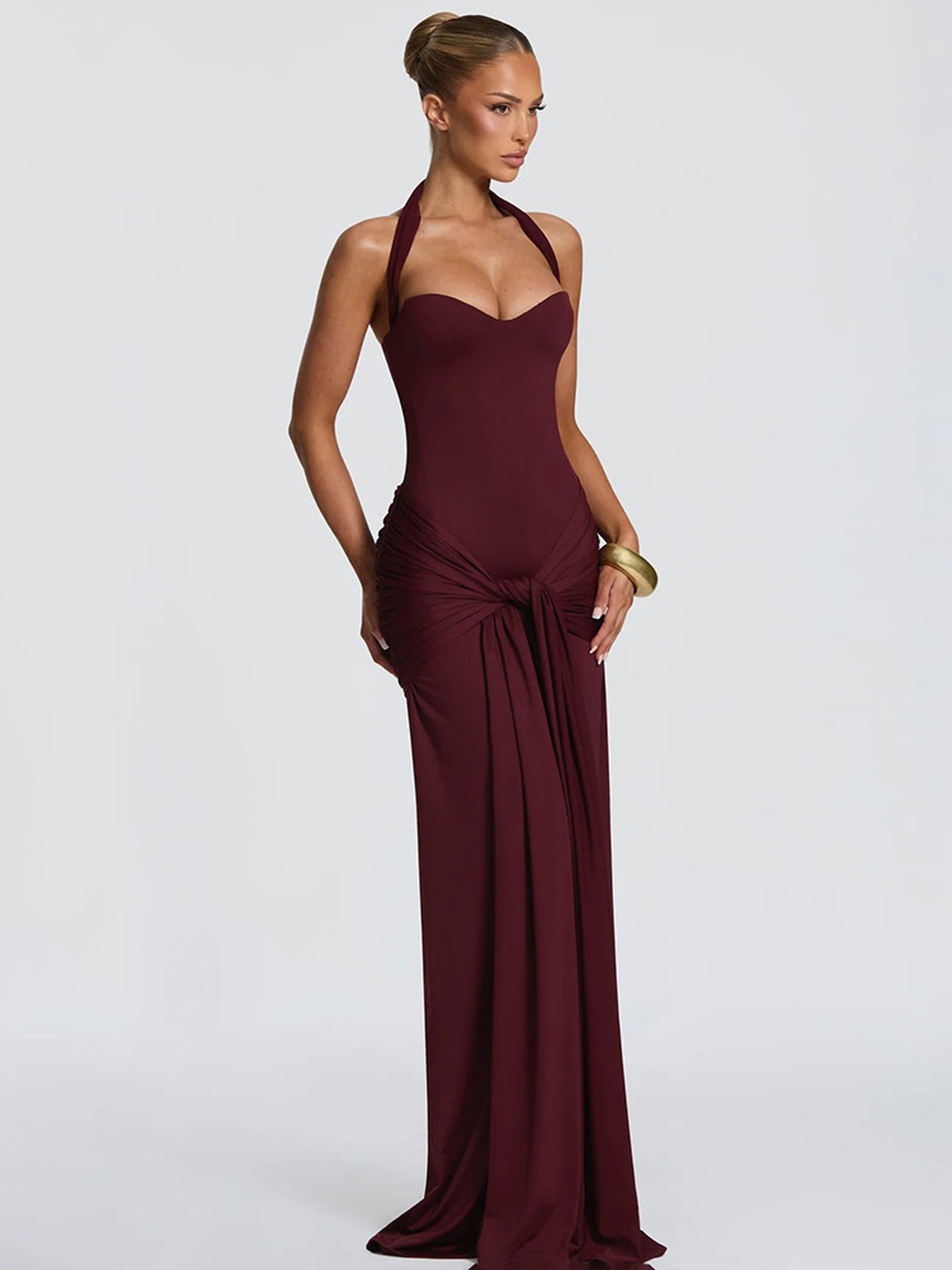 Plain Red Bodycon Maxi Dress - Sleeveless Halter Neck