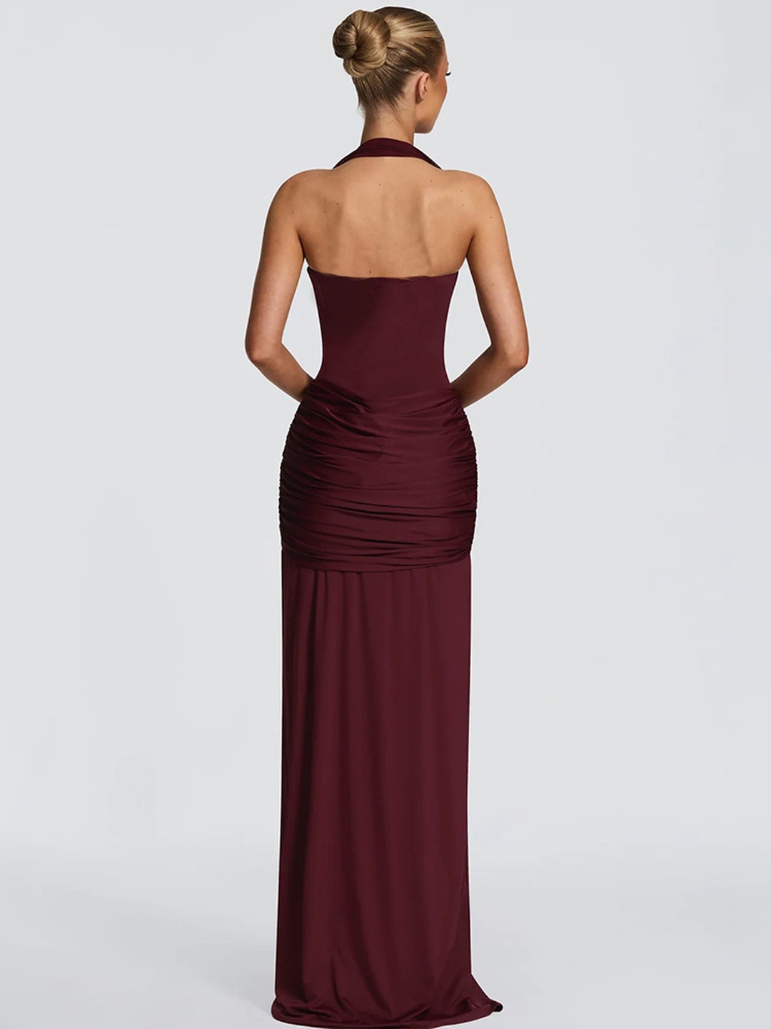 Plain Red Bodycon Maxi Dress - Sleeveless Halter Neck