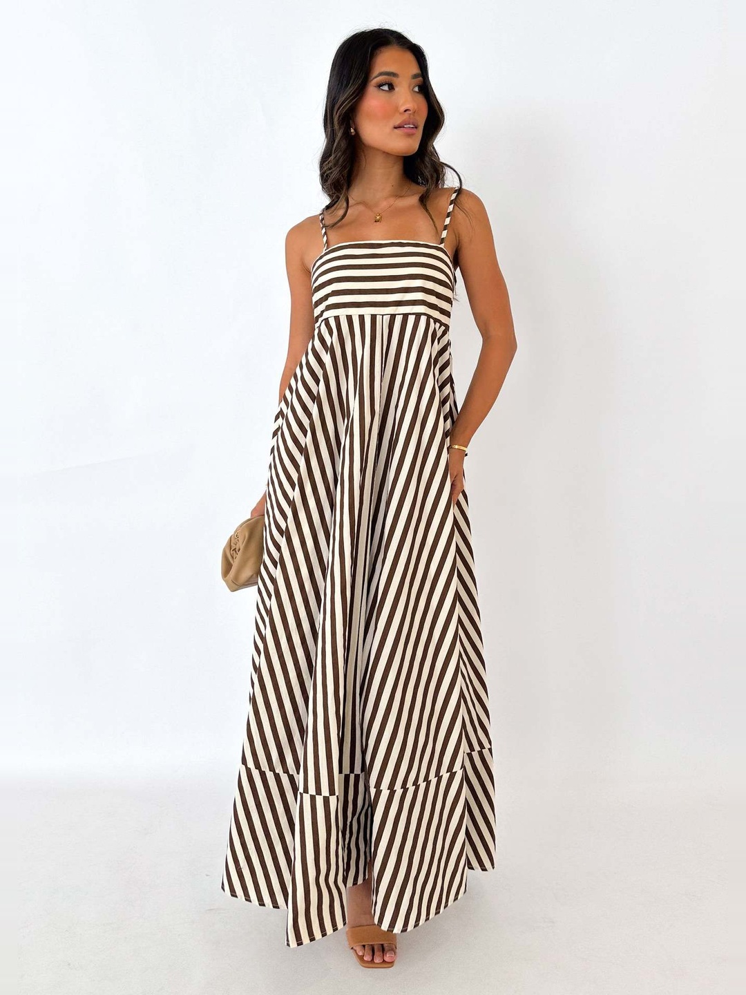 Brown and Cream Striped A-Line Maxi Dress with Strappy Neckline