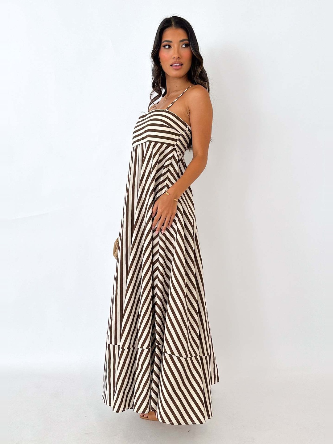 Brown and Cream Striped A-Line Maxi Dress with Strappy Neckline
