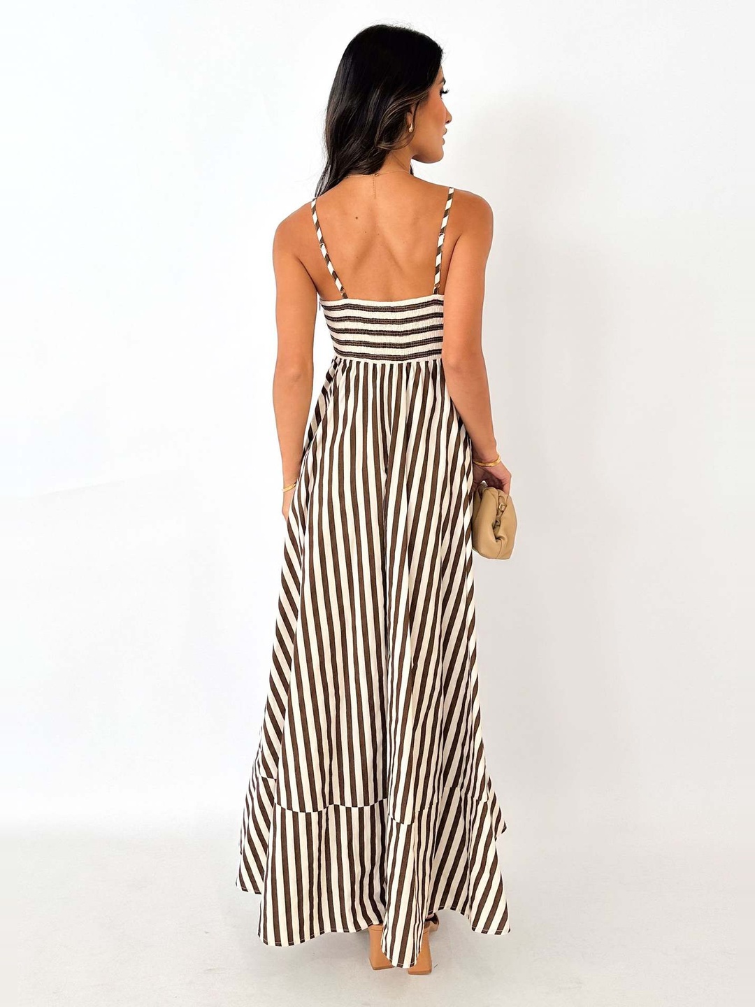 Brown and Cream Striped A-Line Maxi Dress with Strappy Neckline