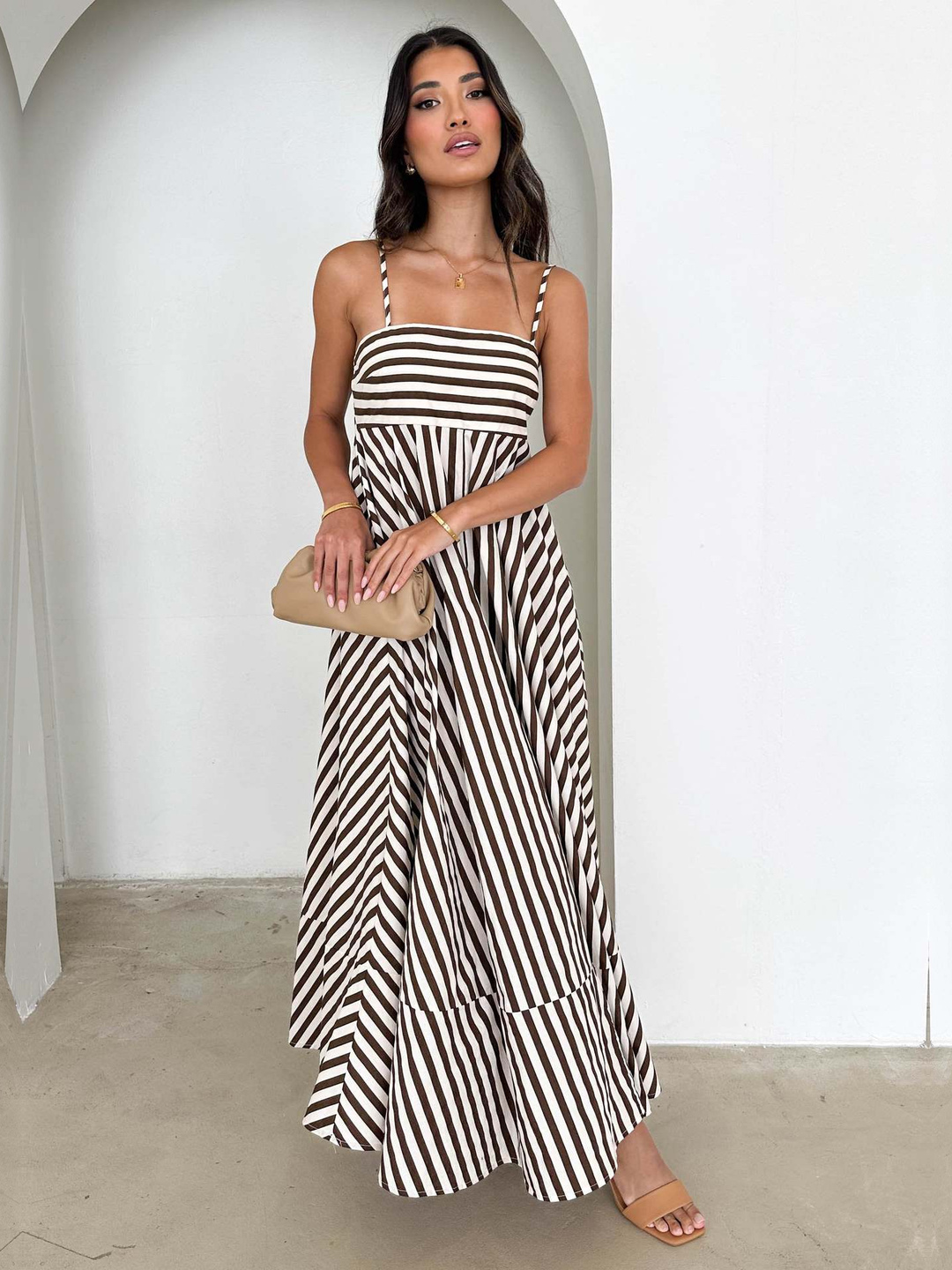 Brown and Cream Striped A-Line Maxi Dress with Strappy Neckline