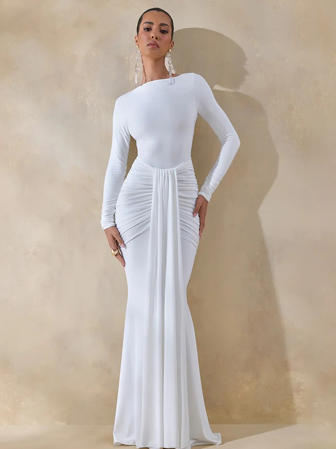 White Long Sleeve Ruched Mermaid Maxi Dress